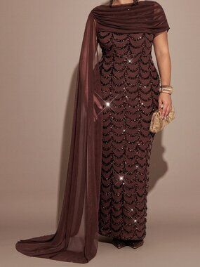 Coffee Brown Beaded Draped Sheer Maxi Dress